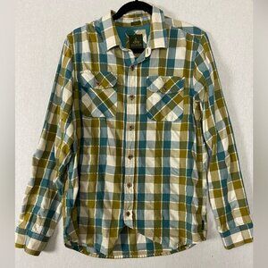 Prana Huntley Slim Fit Long Sleeve Blue Green Plaid Shirt Sz L